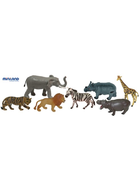 Juguetes Juego Educativo Figuras Animales Miniland Animales Selva - 7 Figuras en Bote con Asa